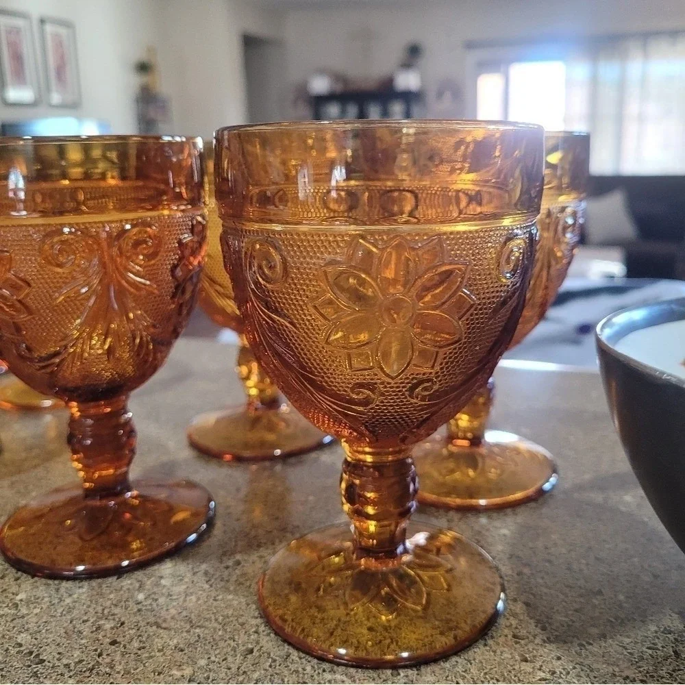 Indiana Glass‎ Tiara Sandwich Amber Water Goblets Set of 4 Floral Embossed MCM